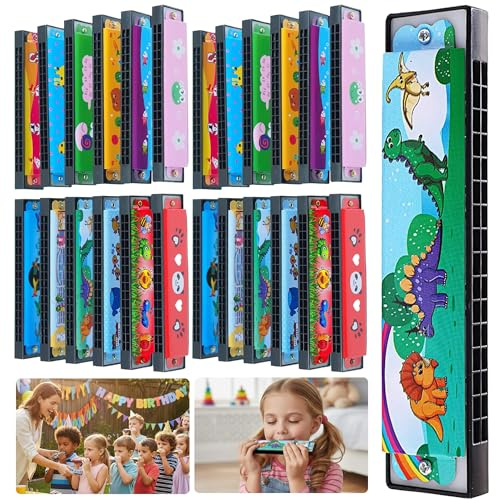 Bertork 24 Pack Kids Harmonicas Birthday Party Favors - Colorful Cartoon Music Toys for Boys Girls Age 3-12, Goodie Bag Stuffers