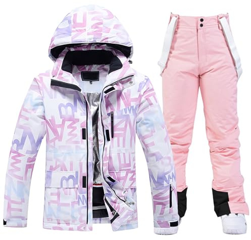 ALSOGO Damen Skijacke & Skihose Set Skianzug 2 teilig Schneeanzug Wassersäule Schneejacke Atmungsaktiv Trägern Winddichte Schneehose mit Abnehmbare Kapuzen zum Skifahren Snowboarden