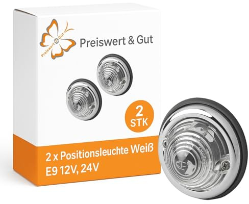 2 STK Positionsleuchte Anhänger E9 12-24 V weiß mit Silberring D 70 mm | Seitenleuchten und Begrenzungsleuchte mit 37 mm Höhe für 12 V und 24 V, passend zur Anhänger Beleuchtung