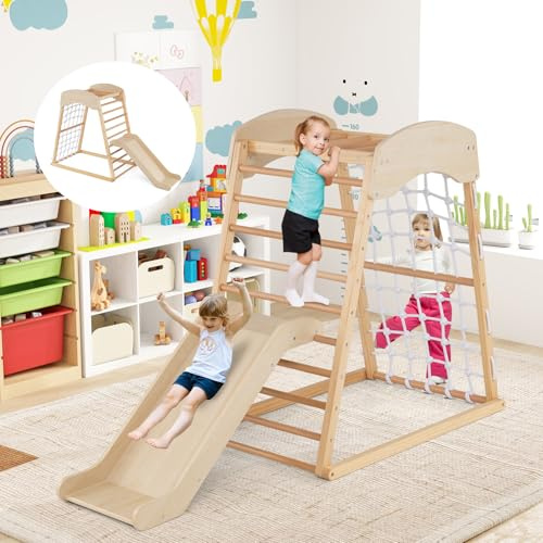 GOPLUS 4 en 1 Triangle d’Escalade Montessori, Triangle Escalade avec Toboggan et Filet d’Escalade Aire de Jeux Montesorri, Charge 50KG pour Enfants 1 an+ (Naturel)