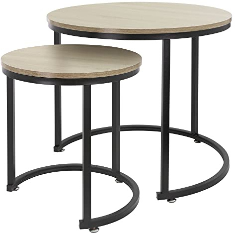 ML-Design Beistelltisch 2er Set rund Ø40x44cm/Ø60x52cm, Sonoma-Eiche MDF-Platte, Schwarze Metallrahmen, Couchtisch-Set, Satztische in 2 Größen, 2 teilig Wohnzimmertische, Sofatische Kaffeetische