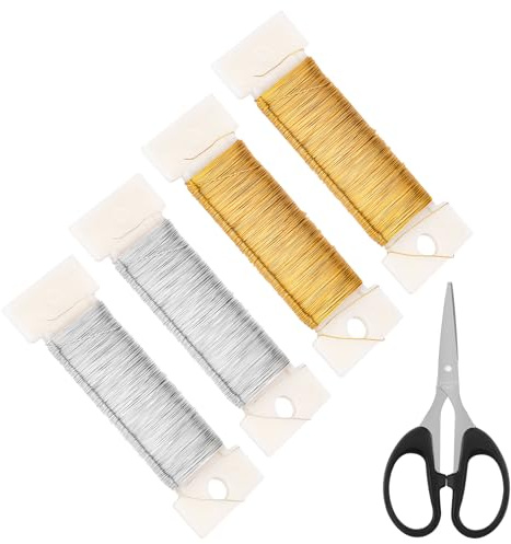 Aubess Floristry Wire Roll, 4 spools of DIY Jewelry Crochet Wire, 0.3mm x 50m Binding Wire for Floristry, Gold and silver Crafting wire for Flower Arrangements, Gift Wrapping or Fixing Plants