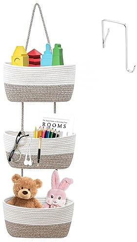 Herbst Hängeorganizer Wand Organizer mit 3 stufiger Hängekorb Baumwollseil Korb, Hängende Tasche Aufbewahrungstasche Leinen Hängeorganizer für Schlafzimmer,Wohnzimmer - Bonushaken