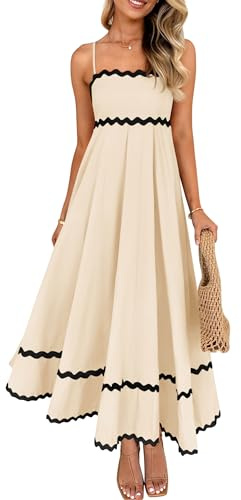 ZESICA Women's 2025 Summer Spaghetti Straps Sleeveless Backless Sundress Flowy Smocked Lace Swing A Line Midi Dress,Apricot,Large