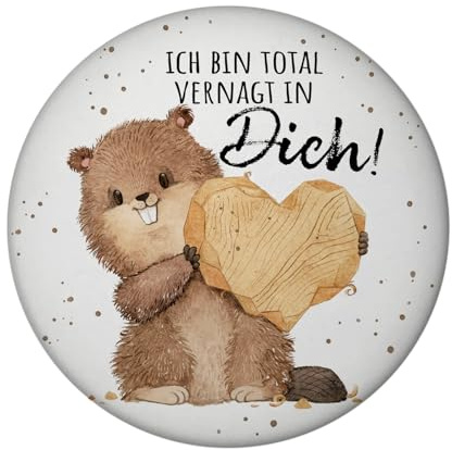 Biber Magnet rund mit Flaschenöffner rund mit Spruch Ich Bin total vernagt in Dich Liebe Partner Romantik Valentinsgeschenk Nagetier Liebesbote zum Valentinstag