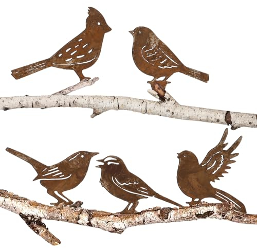 BOFUNX 5 Stück Rost Vogel Gartendeko Roststecker für Draußen Metall Vögel Gartenstecker Baumstecker Rost Deko mit Schraube für Gartendekoration Frühling Bäume Deko
