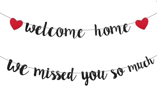 Amabro Welcome Home Banner, We Missed You So Much Banner Welcome Home Sign Black Welcome Back Decorations with Red Heart for Military Army Homecoming Party Family Housewarming Photo Booth Props