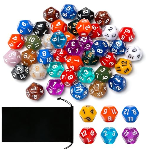 Neikafan 43 Stycken 12-sidiga Matematik Dobbelstenar Set D12-paket Dobbelstenar 1-12 Ansikten Flerfärgade Flerkantiga Dobbelstenar Polyeder Set för DND RPG MTG Bordsspel med 1 st Svart Sammets