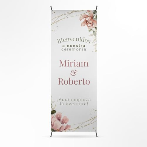 Cartel Bienvenida Boda Personalizado - Photocall Boda para Decoracion Boda | Print Stamp Love, Cartel personalizado, Lona personalizada PVC Resistente con Estructura, Montaje fácil (70x180cm) MODELO 6