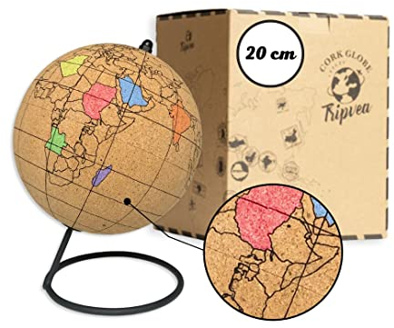 TRIPVEA® - Globus aus Kork mit Marker 20 cm– Weltkugel Vintage-Kork zum Ausmalen – Dekoration zum Thema Reisen – originelle und kreative Geschenkidee für Geographie-Enthusiasten - Höhe = 20 cm