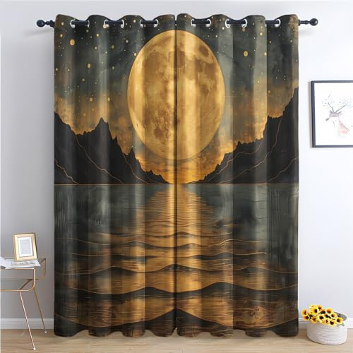 Generisch Vorhänge Mond - Abstrakt Landschaft Fenster Gardinen mit Ösen, Vorhang Blickdicht Verdunklungsvorhänge Thermovorhang für Wohnzimmer Schlafzimmer Deko 2er Set, H 137 x B 117 cm G-#204