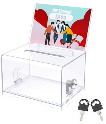 Uniclife Acrylic Donation Box with Lock and Sign Holder Clear Ballot Box with Slot Plastic Suggestion Storage Container for Fundraising Voting Charity Tip Collection, 16 x 12 x 10（cm）