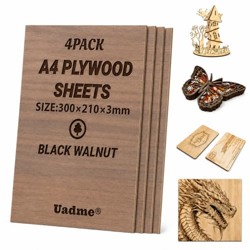 Uadme Madera Contrachapada 3mm, 4 Piezas Tablero de Madera a Medida A4 30x21cm, Laser Engraving Blanks, para Bricolaje, Pirograbado Corte por Laser CNC Router Modelado (Nogal Negro)
