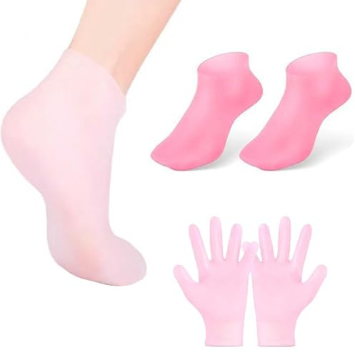 BeauFairy Moisturizing Socks and Glove Socks Overnight Set, Silicone Anti Slip Soft Spa Moisture Socks, Reusable Foot Care Socks for Dry, Cracked Feet Relief, Foot Hand Softening Care, Pink