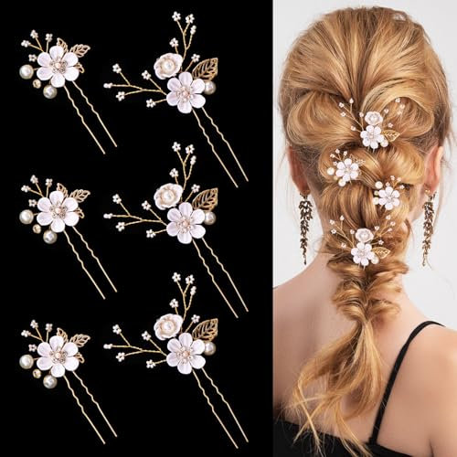 6 Stück Braut Haarschmuck, Weiße Blume Haarschmuck Perle Damen Haarschmuck Hochzeit Haarschmuck mit Strass für Bräute Brautjungfern Damen Mädchen Kommunion