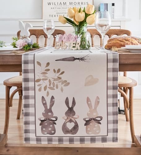 Vorysum Tischläufer Modern Ostern Frühling Kaninchen Ostertischläufer Waschbar Küche Esstisch Osterndeko für drinnen und draußen Urlaub Party Wohnzimmer Dekor 40 x 140 cm