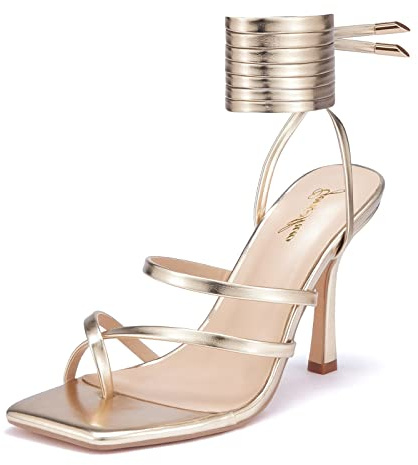 GENSHUO Damen High Heel Sandale Stiletto Schnürsandalen Sexy Eckige Zehen High Heel Riemchensandalen mit Zehenring Stiletto Riemchen Sandaletten Zehentrenner, Gold Patent, 40