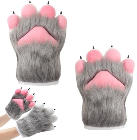 ztowoto Fuskpäls katt tass handskar lurviga, varma plysch djur räv tassar vantar realistiska, katt cosplay handskar för vuxna och tonåringar, kattvantar för festival cosplay kostymtillbehör, Grå
