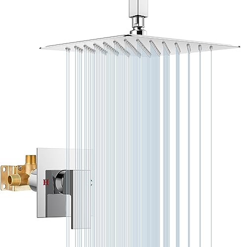 Shower Juego de grifo de ducha de níquel cepillado, de ducha tipo lluvia de acero inoxidable SUS304, cabezal de ducha cuadrado de 8 pulgadas, función única, manija única con válvula empotrada, kit de