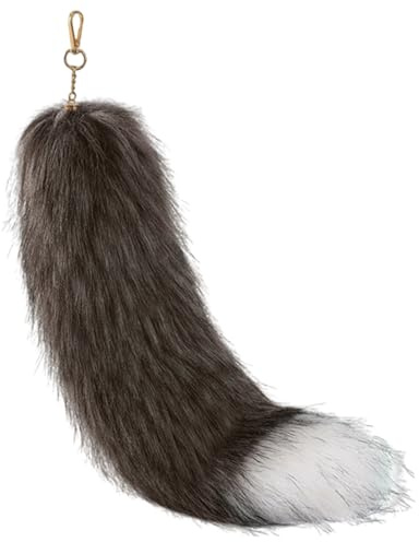 Jortmrd Fuchsschwanz Anhänger 40 cm Fox Tail Schlüsselanhänger，Furry Therian Tail, Flauschiger Realistischer -Schwanz mit Karabiner, Für Taschen/Handtaschen/Cosplay/Kunstpelzschwanz（Silber）