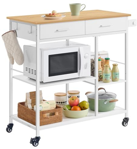 VASAGLE Küchewagen mit Rollen, 2 Schubladen, 2 Haken, 98.7 x 45 x 90 cm