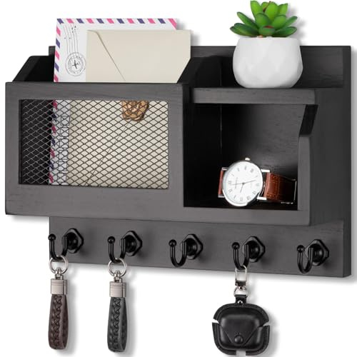 Nekon Key Holder Wall Mount with Mail Slot, 11.8 W x 7.5 H x 3.1 D Modern Farmhouse Key and Mail Organizer with 5 Hooks for Home Decor (Black)