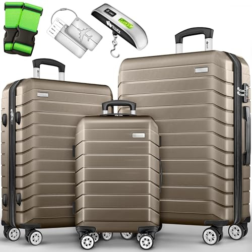 tillvex® Set di 3 valigie da viaggio + bilancia per bagagli, 3 cinghie per valigie e 3 etichette per bagagli, set da 4 ruote, trolley valigia TSA, serratura rigida M-L-XL, oro rosa