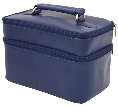 GERMANUS Handgemachte Kosmetiktasche Ina, Kosmetikkoffer und Kulturtasche aus dickem Leder, Blau
