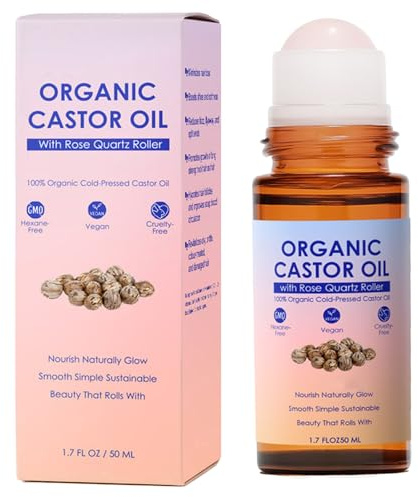 tuyapio Organic Castor Oil Roll-On with Rose Quartz Roller, Cold-Pressed Pure Organic Golden Castor Oil Roller Ball for Hair Growth, Eyelashes, Eyebrows & Skin, 1.7 fl oz(1)