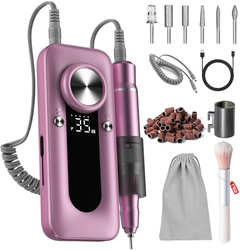 Torno para Uñas Profesional, 45000 RPM Portátil Lima de Uñas Eléctrica Inalambrico Recargable Velocidad Ajustable Fresas Torno Molinillo de Uñas Eléctrico para Gel o Acrilicas para Hogar y Salón