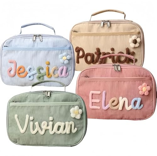 Bolsa De Almuerzo Personalizada, Regalo Personalizado Hecho A Mano Con Nombre Bordado En Pana Para La Vuelta Al Cole Bolsa Térmica Impermeable Para Comidas Para Niños Pequeños