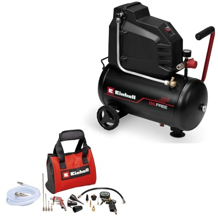 Einhell Kompressor TC-AC 190/24/8 I OF (1100 Watt, max. 8 bar, 24-Liter-Tank, 190 l/min Ansaugleistung, ölfrei, wartungsarm, Manometer, inkl. 15-tlg. Druckluftset)