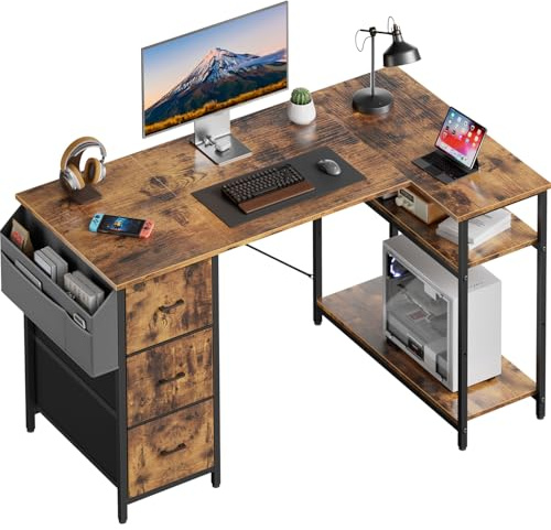 SOLAVERO Bureau d'angle avec Rangement et 3 Tiroirs, 120 x 78 cm, Marron