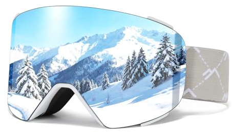 VCOROS Skibrille YH693C, Skibrille Magnetisch OTG für Unisex UV-Schutz Anti-Nebel Vollständig Plattiertes REVO Verstellbarer Rutschfester Riemen,Snowboard Brille für Skifahren (02-Silver/White)