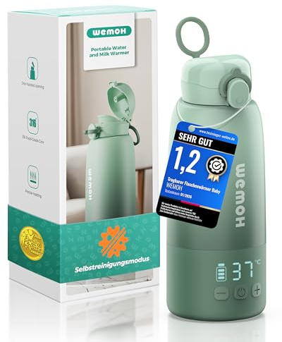 Wemoh Tragbarer Flaschenwärmer Baby für unterwegs mit Selbstreinigungsfunktion, Präzise Temperaturkontrolle & 450ml Große Kapazität, 100W Schnellaufwärmung für Muttermilch & Wasser Milchwärmer to go