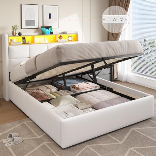 DICTAC Double Bed Frame with Hydraulic Storage,Charging Station and Led Lights 4ft6 Ottoman Upholstered Platform Bed Frame with Storage Headboard,Sturdy Wood Slats,White-135x190 cm(No Mattress)