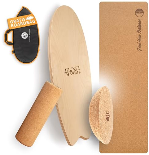 JUCKER HAWAII Balance Board Local Wave | Set mit Kork Halbkugel, Korkrolle, Korkmatte und Board Bag | Qualität Hand-Made in Germany | Balance Board Surf aus Holz