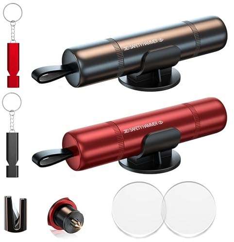 2-pack Nödhammare Bil med Bältesskärare - Fönsterkrossare i Aluminiumlegering med Volframstålspets - Inkluderar 2 Visselpipor & Testglas - Räddningsverktyg för Vatten & Olyckor