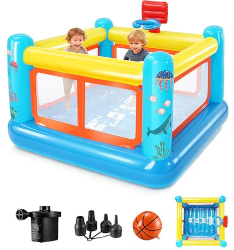 Hüpfburg für Kinder 3–6 Jahre, Indoor & Outdoor, reißfestes PVC, mit abnehmbarem Bällebad, Basketballkorb & Hüpfkästchen Gebläse (3-IN-1 Hüpfburg)