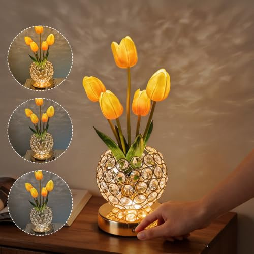 WRQIOO Lampada da tavolo a forma di fiore, lampada a LED a forma di tulipani con ricarica USB, lampada a fiori di cristallo senza fili con batteria, 3 colori infinitamente dimmerabili, lampada da