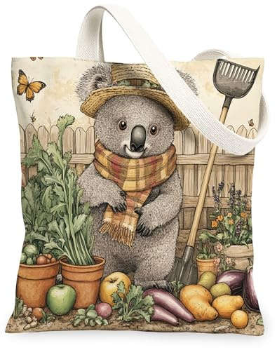 Spring Koala Gardening Canvas Tote Bag for Shopping 13x15, Animal Farmhouse Country Reusable Grocery Print Bag for Women, Planting Beach Aesthetic Painting Gift Decor