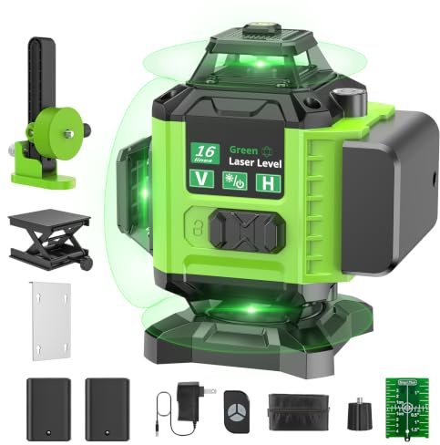 Niveau Laser Chantier Autonivelant 360° x 4, Lazer Niveaux 4D 16 Lignes Laser, Autonivellement et Mode Pulsé Extérieur, 2 x Batterie, Nivellement Automatique, Support Rotatif, Télécommande
