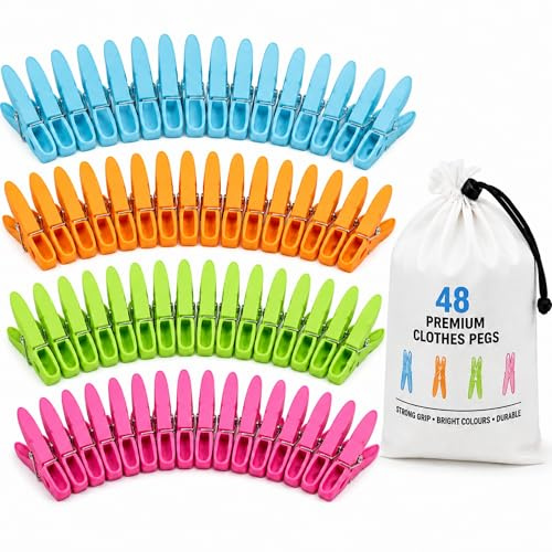 48 Pack Clothes Pegs for Washing Line with Bag, Extra Strong Non Slip Laundry Pegs, 4 Colours Heavy Duty Plastic Washing Pegs for Clothes Airer, Outdoor Line Drying, Laundry Basket & Travel