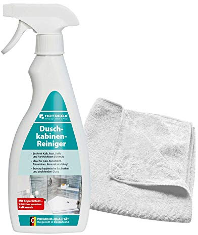 HOTREGA Duschkabinenreiniger 500ml | Kalkentferner & Badreiniger inkl. Tuch | Gegen Seifenreste auf Glas, Kunststoff, Acryl | Abperleffekt verhindert Neuverschmutzung | Für Armaturen, Fliesen & Wannen