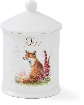 Royal Worcester x Wrendale Designs Tea Canister with Lid - Fine Bone China Tea Bag Storage Jar with Charming Fox Illustration by Artist Hannah Dale, 15.5cm