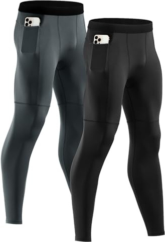 Niksa 2 Piezas Mallas Hombre Fitness Leggings Deporte Pantalón Largo de Compresión Negro Gris Negro Gris Large
