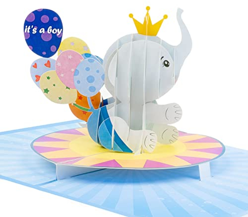 LIMAH® Pop-up 3D Karte zur Geburt für Jungen - Glückwunschkarte, Geburtskarte passend zum Geschenk, Gutschein oder Geldgeschenk für Neugeborene, its a Boy - Motiv Baby Elefant mit Luftballons in Blau