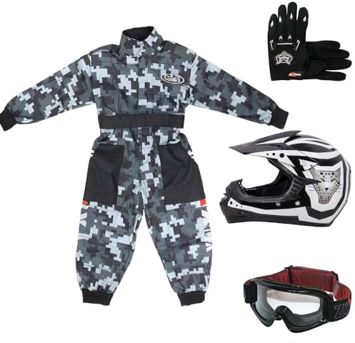 Zorax Black CAMO M(7-8 Years) Kids Suit & Gloves XL(8cm) & Goggles & Zorax XL (55-56cm) ZOR-X17 Kids Children Motocross Motorbike Motorcycle Helmet Set ECE2206