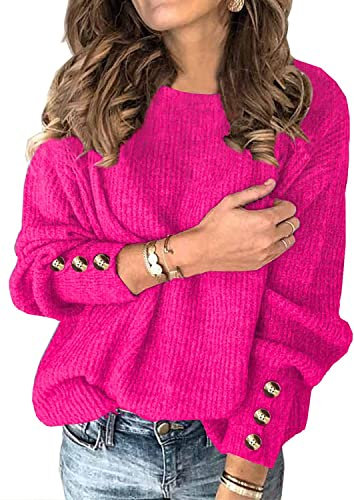 Ranphee Vetement Femme Hiver Pull Rose Vif Chaud Chic et Original Elegant Automne 2025 Oversize Chauve Souris Encolure Ras du Cou Maille Fine Haut