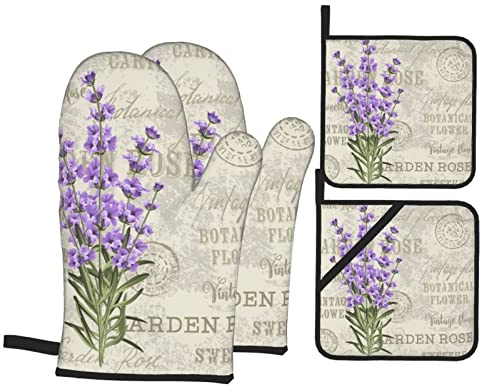 Ofenhandschuhe Topflappen 4Er Set, Lavendel Eleganter Jahrgang Backhandschuhe Druck Kochhandschuhe Küchendekoration Ofenhandschuhe Kitchen, Für Küche, Backen, Grillen